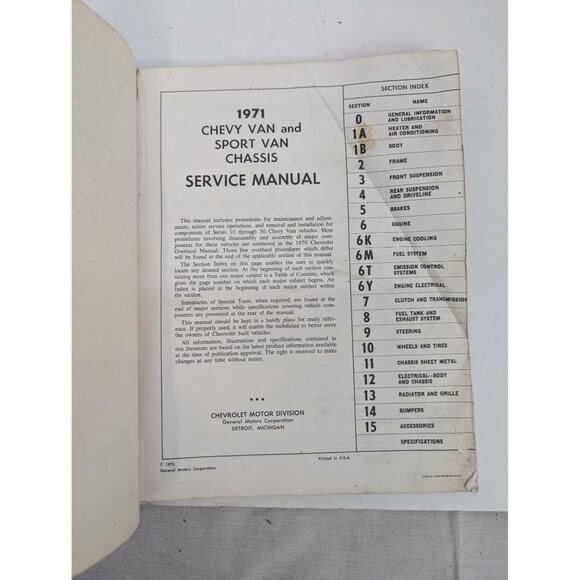 Chevy Van Sport Van Service Manual Series 10-30 1971 ST 140-71 - Picture 5 of 10